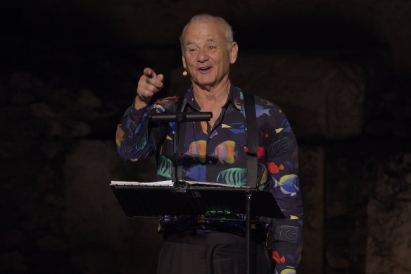 Bill Murray on stage in the concert film Bill Murray’s New Worlds: The Cradle of Civilisation.