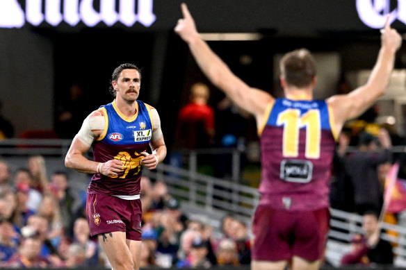 Joe Daniher celebrates a goal.