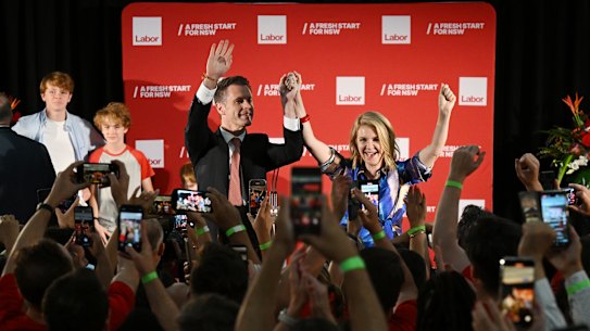 Labor leader and Premier-elect Chris Minns with his wife Anna at NSW Labor reception, in Sydney, Saturday, March 25, 2023. New South Wales voters have cast their ballots today to determine the 58th Parliament of NSW. (AAP Image/Dean Lewins) NO ARCHIVING .