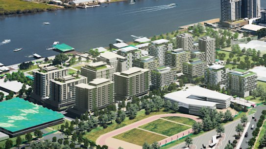 An artist’s impression of the proposed athletes’ village for the 2032 Brisbane Olympic Games at Hamilton Northshore.