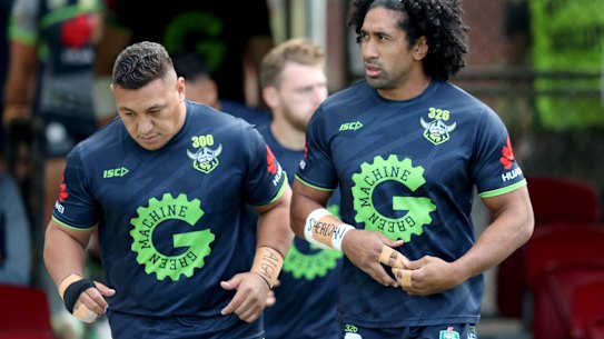 Josh Papalii and Sia Soliola are two of three Canberra Raiders players who refused to sign the vaccination waiver.