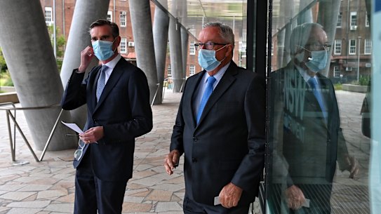 Health Minister Brad Hazzard and Premier Dominic Perrottet at Tuesday’s COVID-19 media gathering. 