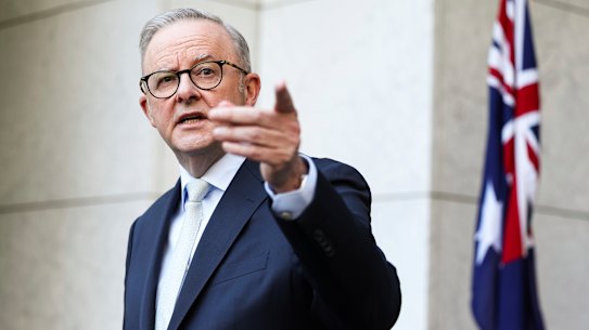 Prime Minister Anthony Albanese at a press conference at Parliament House in Canberra.