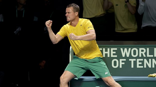 Lleyton Hewitt cheers on his team at a 2023 Davis Cup quarter-final match in November.