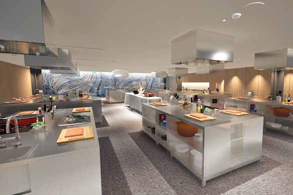 Render of the hands-on kitchen at the new Sydney Seafood School.