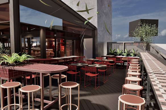 An artist's illustration of Transit Rooftop Bar's renovated deck.