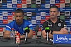 Bulldogs coach Cameron Ciraldo speaks to media alongside Stephen Crichton.