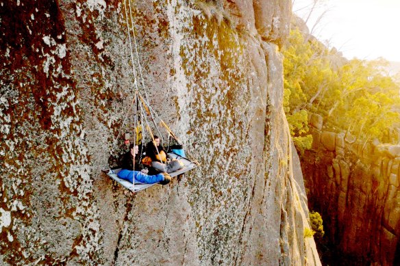 Sweet dreams ... overnight on the portaledge suspended over a sheer 300 metre cliff face in the Mount Buffalo gorge.