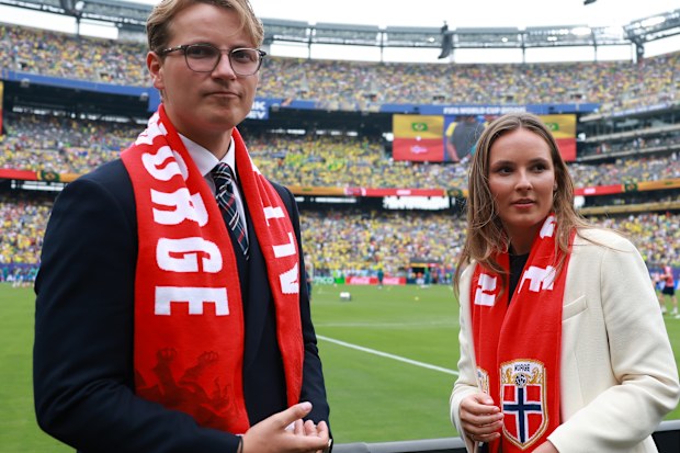 Princess Ingrid Alexandra of Norway and Prince Sverre Magnus of Norway are seen before the FIFA World Cup 2026 Round of 16 match between Brazil and Norway at New York New Jersey Stadium on July 05, 2026 in East Rutherford, New Jersey.