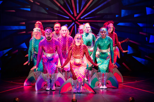 Peter and the Starcatcher’s mermaids: (Back row from left) Hugh Parker, Colin Lane and Peter Helliar; (middle row from left) John Bachelor, Lucy Goleby, Alison Whyte and Paul Capsis; and 
(front row from left) Ryan Gonzalez, Olivia Deeble and Benjin Maza. 