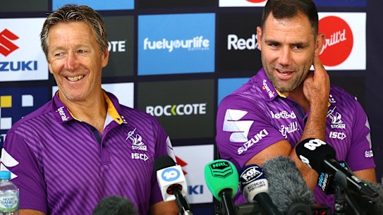 Cameron Smith addresses media with Storm coach Craig Bellamy on Thursday.