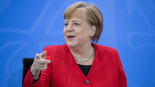 German Chancellor Angela Merkel attends a press briefing with heads of state on the coronavirus lockdown easement strategy on 6 May 2020 in Berlin, Germany. 