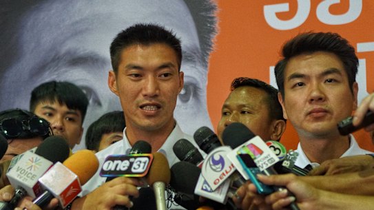 Thanathorn Juangroongruangkit, leader of Future Forward party, addresses the media.