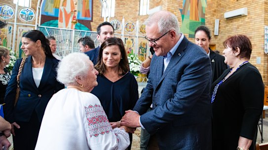Klara Djachenko, who turns 100 in September, met the Prime Minister at St Andrews Ukrainian Church.