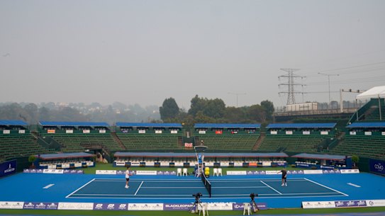 Kooyong Lawn Tennis Club was surrounded by smoke haze on Tuesday morning. 