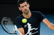 Novak Djokovic practises at Rod laver Arena on Friday.