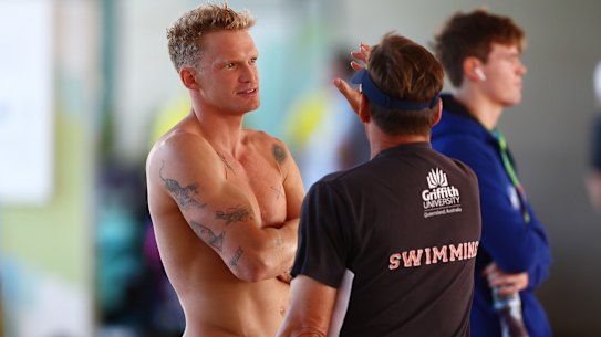 Cody Simpson with coach Michael Bohl before the Australian Championships in April.