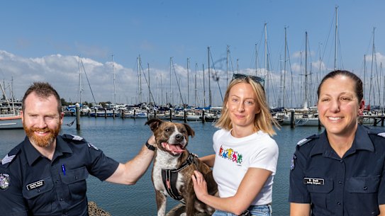 Madi and Minka with their rescuers Acting Sergeant Justin Ivory and Acting Sergeant Nicole Bath.