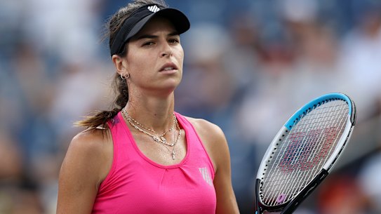 Ajla Tomljanovic of Australia reacts against Karolina Pliskova.