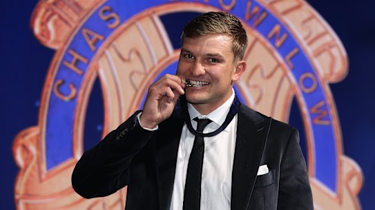 Ollie Wines of Port Adelaide poses after winning the 2021 Brownlow Medal. 