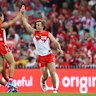 James Jordon of the Swans celebrates kicking a goal