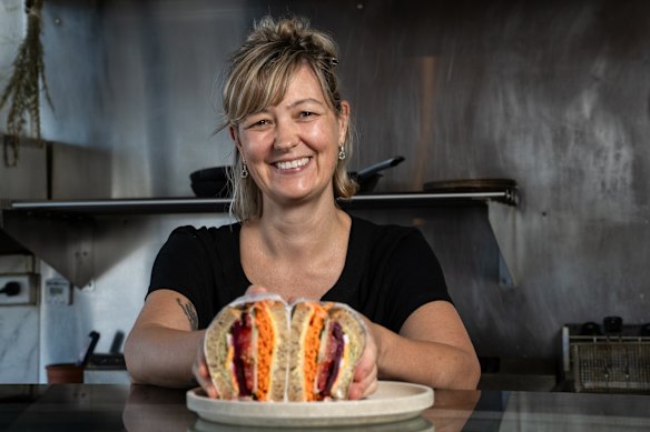 Tori Bicknell of Glory Us cafe in Melbourne’s Fitzroy North and its signature salad sandwich.