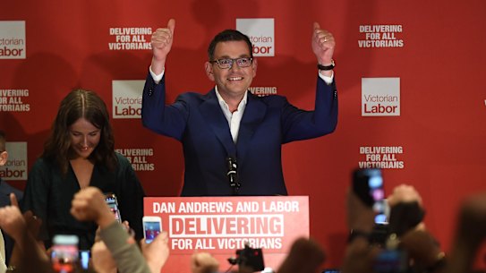 Daniel Andrews celebrates his election win in 2018.