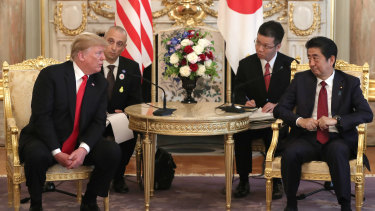 US President Donald Trump and Japanese Prime Minister Shinzo Abe during a bilateral meeting at Akasaka Palace  on Monday.