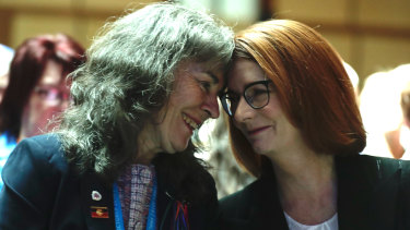 Chrissie Foster and Julia Gillard during an address to survivors after the national apology on Monday.