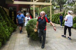 Алан Стил из Eltham Rugby Club переставляет рождественские елки в машины.
