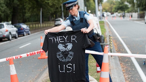 Police gaurd the road near the Al Noor Mosque on Wednesday.