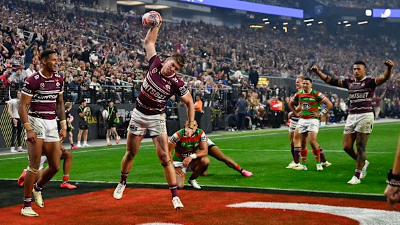 Reuben Garrick celebrates after scoring in Las Vegas.