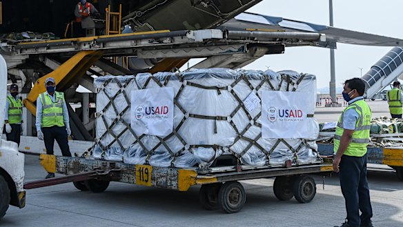 Relief supplies from the United States in the wake of India’s COVID-19 situation arrive at the Indira Gandhi International Airport cargo terminal in New Delhi, India on Friday.