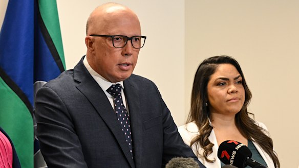 Opposition Leader Peter Dutton with Jacinta Nampijimpa Price in April, two weeks after announcing the Liberal party would formally oppose the Voice.