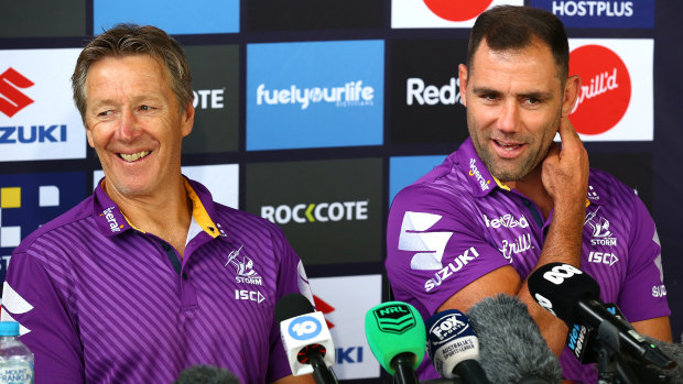 Cameron Smith and Storm coach Craig Bellamy share a laugh.