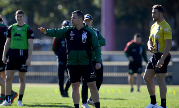 Man in demand: Anthony Seibold calls the shots at Souths training on Thursday.