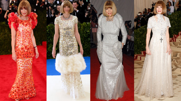 Which gown will it be? Anna Wintour (from left) at the 2015, 2017, 2008 and 2018 Met Gala.