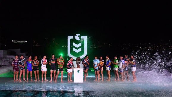 Wet and wild: A wave at Bondi Icebergs put a dampener on the season launch for some of the NRL’s finest.