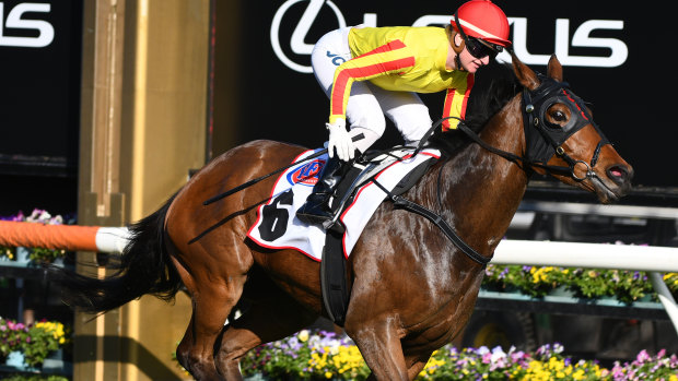 Jamie Kah rides Gatting to victory in the Makybe Diva Stakes last weekend.
