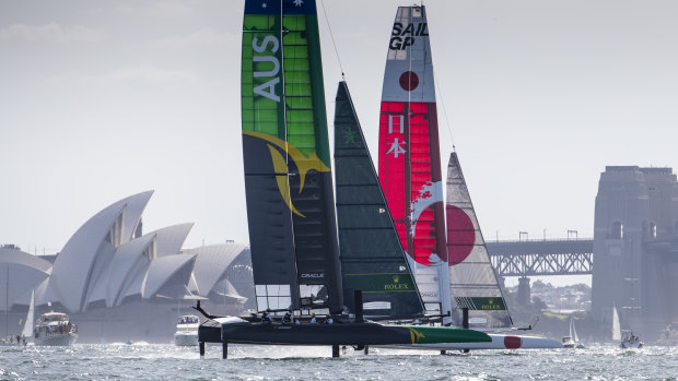 Australia's SailGP Team, skippered by Tom Slingsby, charges around Sydney Harbour in February.