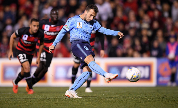 Adam Le Fondre scores from the spot for Sydney FC during the FFA Cup semi-final against Western Sydney Wanderers.