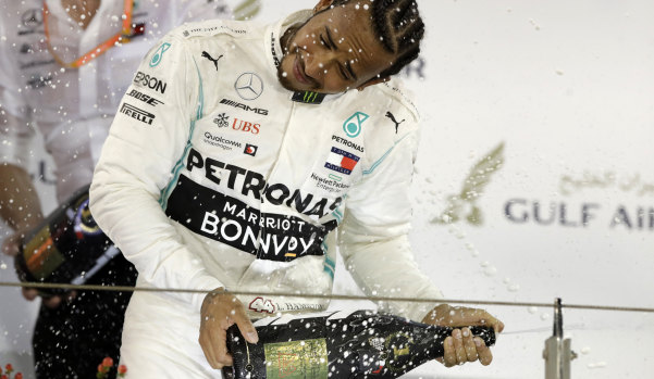 Mercedes driver Lewis Hamilton after winning the Bahrain Formula One Grand Prix.
