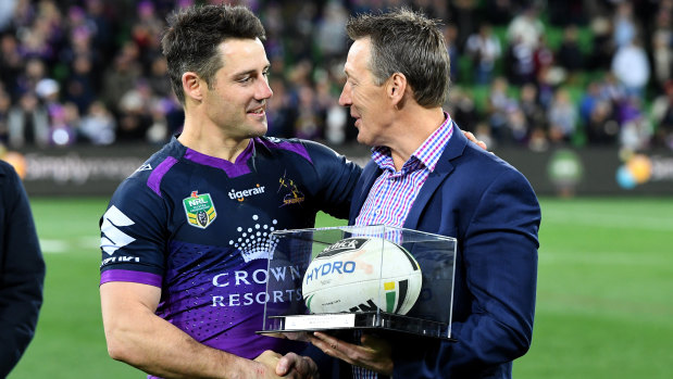 Storm coach Craig Bellamy with Cooper Cronk during the 2017 season, his last playing for Melbourne.
