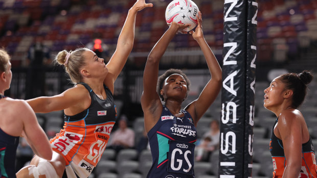 Mwai Kumwenda of the Vixens shoots during the round nine Super Netball match between the Giants and the Melbourne Vixens.