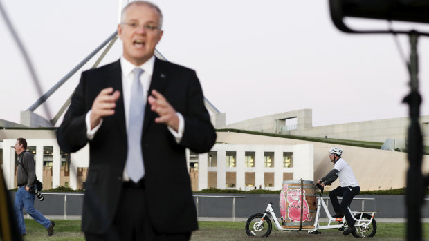 Prime Minister Scott Morrison outside Parliament House this week. Election campaigns are when the seeds of later waste are sown.