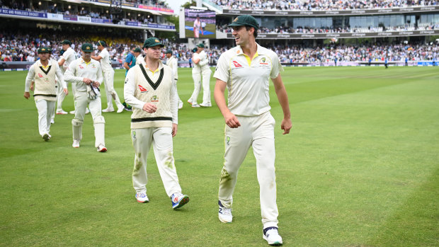 Pat Cummins and the Australians leave the field after their win at Lord’s.