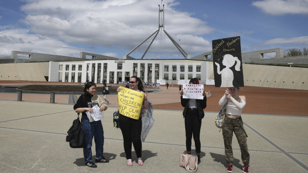 Protesters in support of Nauru refugees outside Parliament House on Tuesday. 