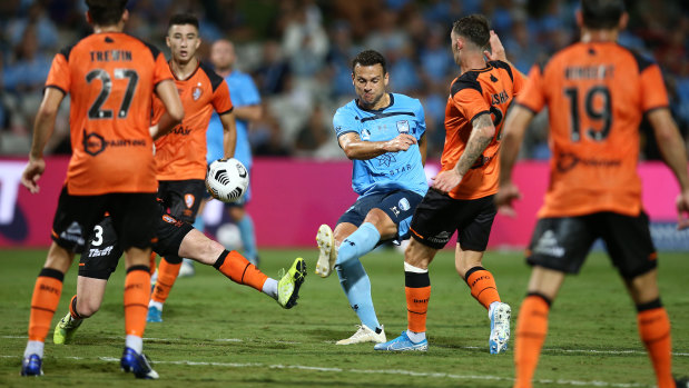 Sydney FC’s Bobo strikes at goal during his A-League return.