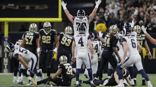 Los Angeles Rams kicker Greg Zuerlein watches his match-winning field goal against New Orleans in the NFC Championship game in the last NFL season.