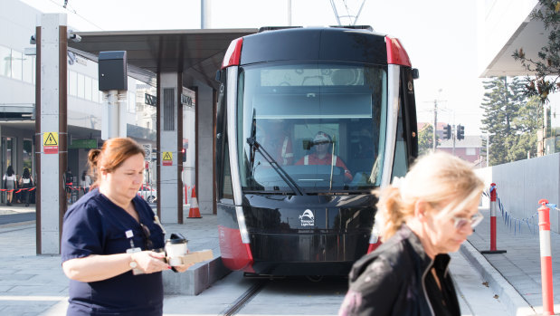 A tram undergoes day-time testing at Randwick on Tuesday. 